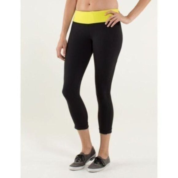 Lululemon‎ Journey Crop Black Yellow Mesh Leggings S Small 4 - Picture 2 of 14